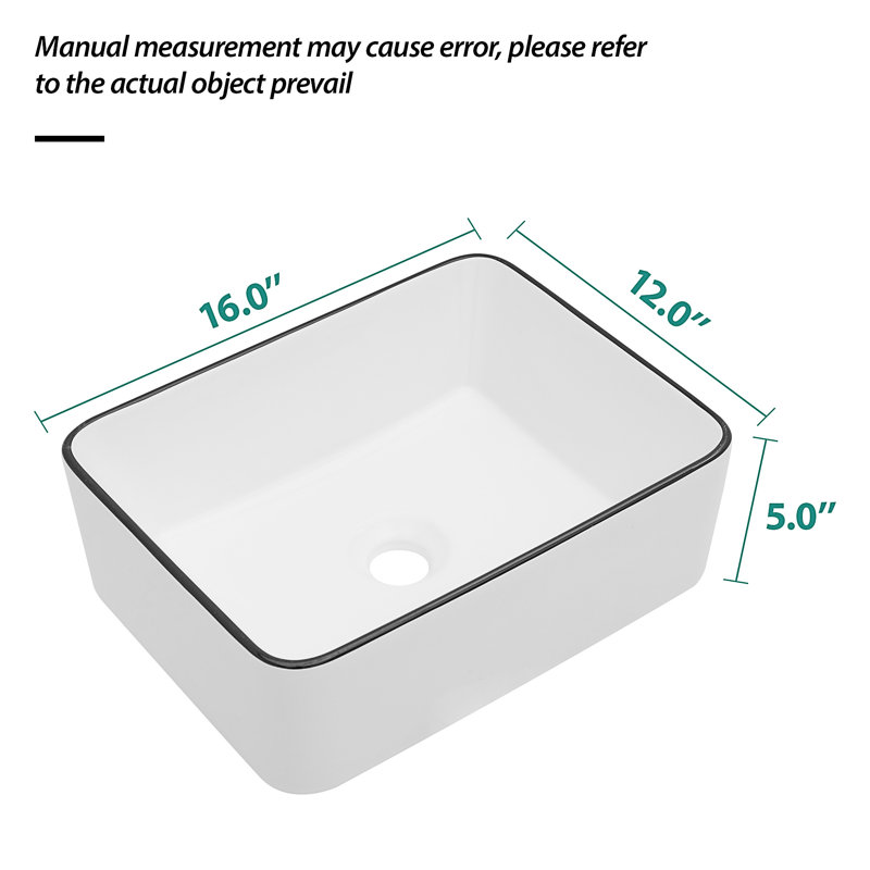 Lavabo de salle de bain rectangulaire en céramique blanche 16X12 pouces, Blanc/Noir
