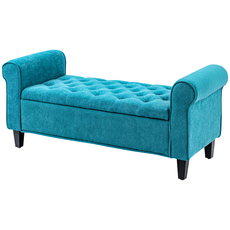 Teal Upholstered Bench, 50" With Rolled Arms For Bedroom, Living Room, Entryway, Wood Legs Storage Bench Soft Cushion, 22.5" Height,