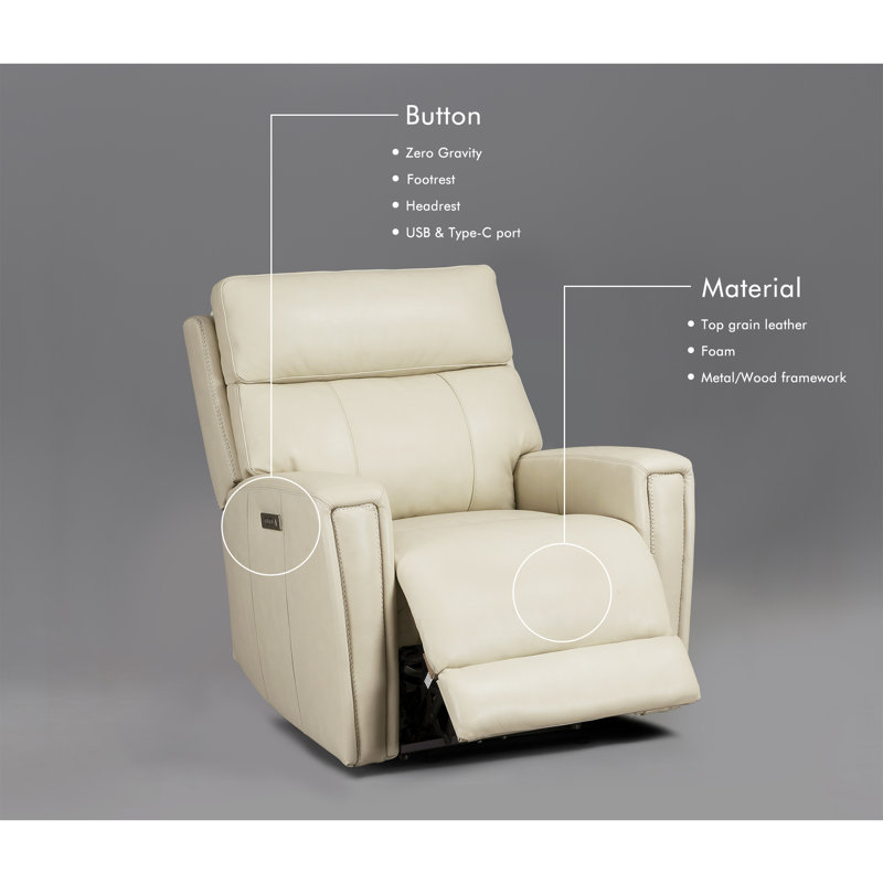 Ruddie Dual-Motor Recliner Sofa 37" Genuine Leather Power Zero Gravity Reclining Couch with USB&USB-C Port
