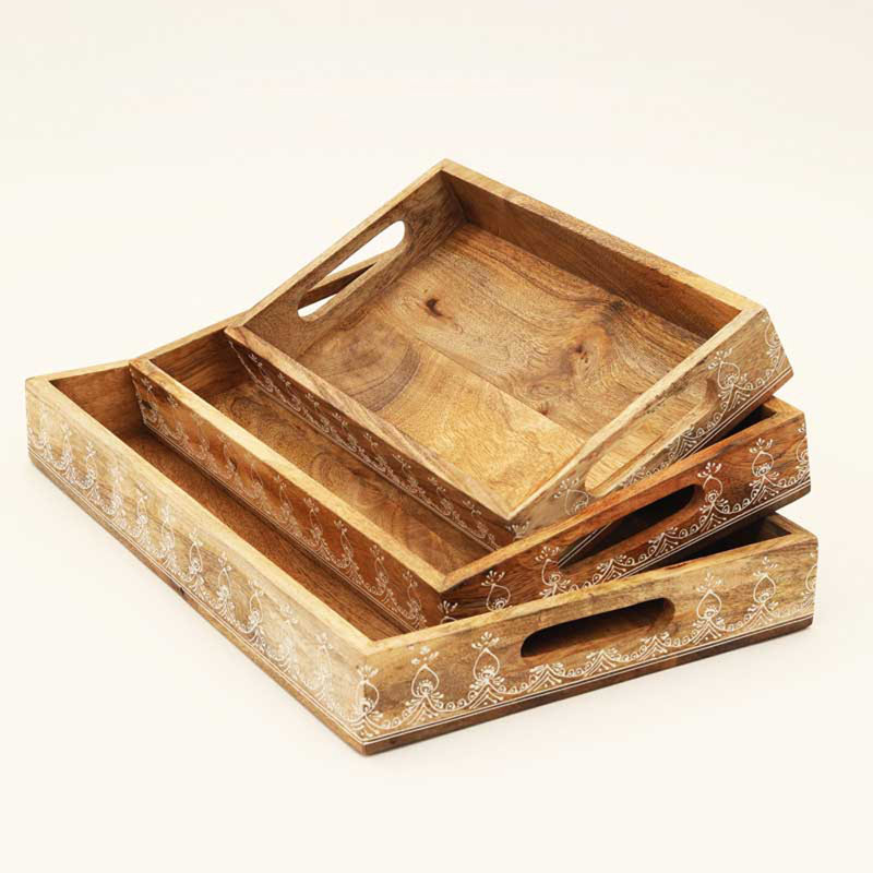  Ensemble de plateaux en bois | Plateaux gigognes rustiques pour la décoration intérieure | Ensemble de 3