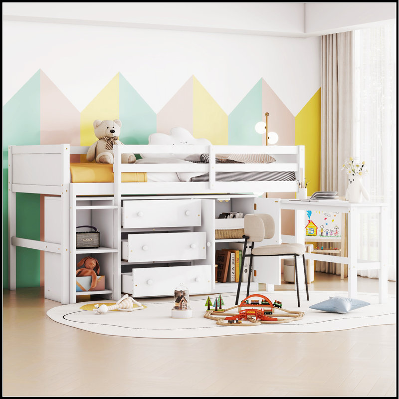 Lit mezzanine bas avec bureau coulissant, tiroirs, armoire et tablettes pour chambre d'enfant