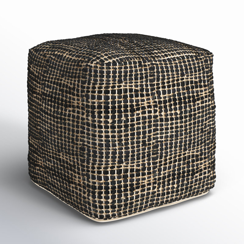 0H Leather And Jute Pouf, Charcoal