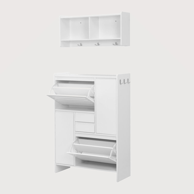 Multi-Functional Tipping Bucket Shoe Cabinet With Wall Cabinet, Space-Saving Design Foyer Cabinet With 2 Flip Drawers, Versatile Side Cabinet For Hallway