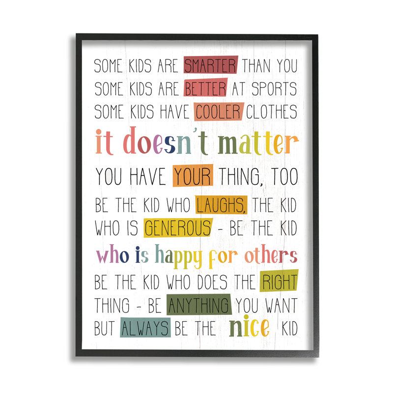 Be The Nice Kid Sentiments Rainbow Text Pop, H 30 po x l 24 po x P 1,5 po, Giclée encadrée noir minuit
