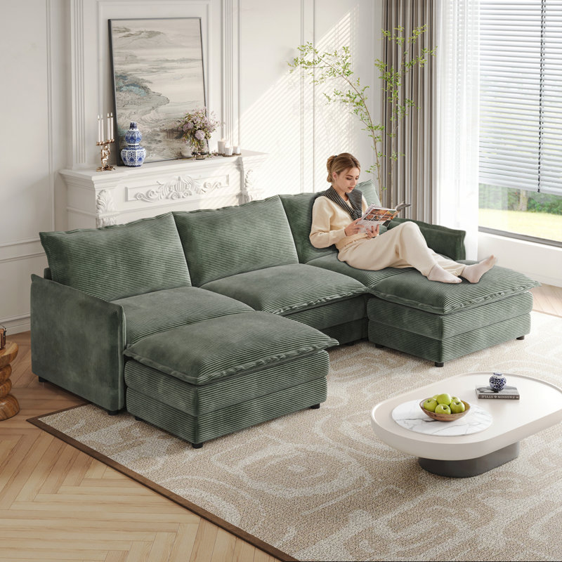 Oversized Deep Seat U Shaped Couch Set, 33" H x 109" W x 58" D, Green, 5