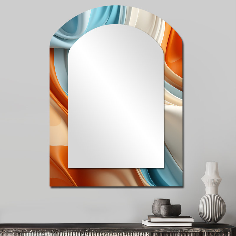 Blue and orange Fractal Curves in Motion III - Fractal Arch Mirror, Blue Asymmetrical Decorative Wall Mirror, Printed Metal Art