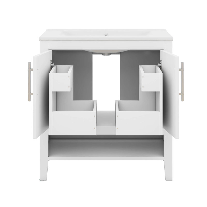 Ensemble de meuble-lavabo 30 po avec lavabo, armoire de salle de bain autoportante avec portes et tiroirs, cadre solide et panneau de fibres à densité moyenne