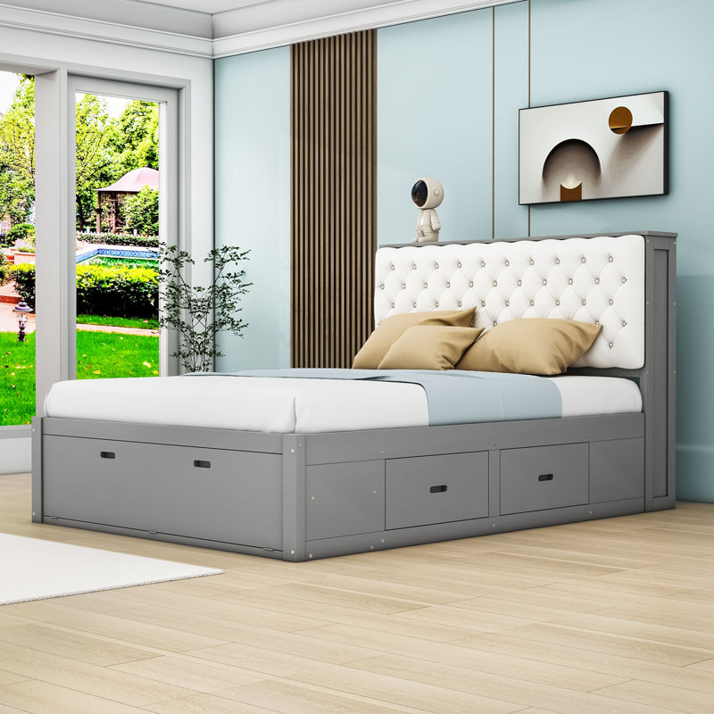 Grand lit plateforme en bois avec 4 tiroirs, tête de lit avec rangement et range-chaussures, Gris