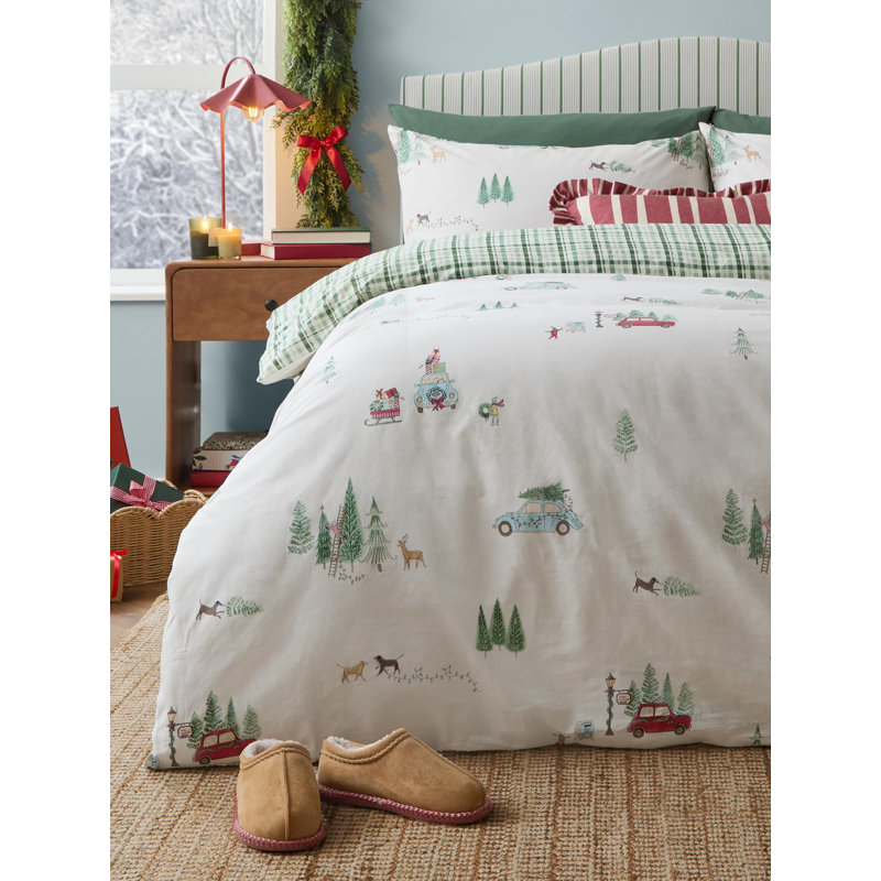 Christmas Tree Lane 100% Cotton Duvet Cover Set, Single Bed (135x200cm) Duvet Cover + 1 Pillowcase