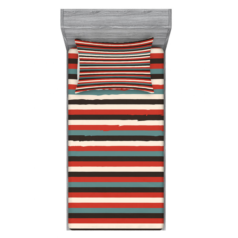 Microfiber Striped Sheet Set, Dark Turquoise/Red/Black Striped, Twin Sheet Set with Fitted Sheet