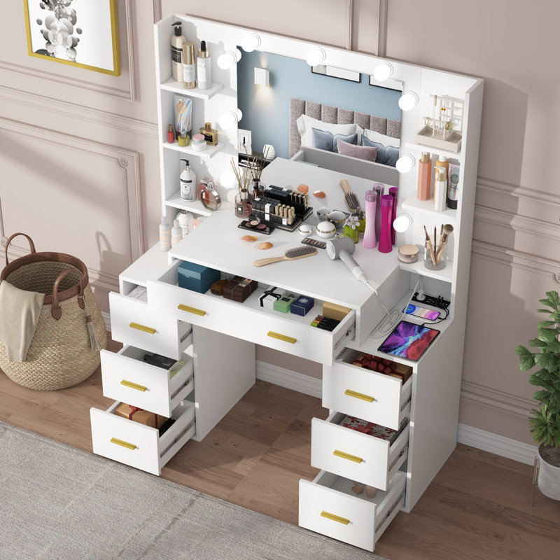 Pradep 43'' Makeup Vanity with 3 Lighting Colors, White