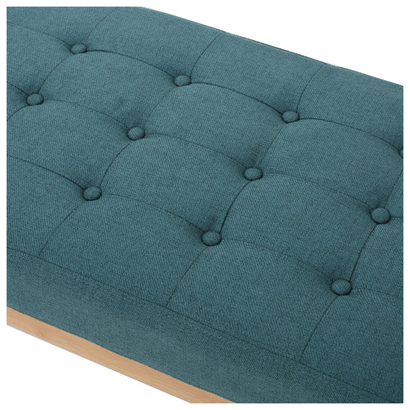Banc en tissu capitonné bleu sarcelle l 43,5 po, capacité de 250 lb, siège rembourré de style Mid-Century avec pieds en bois de bouleau pour le vestibule et la chambre à coucher