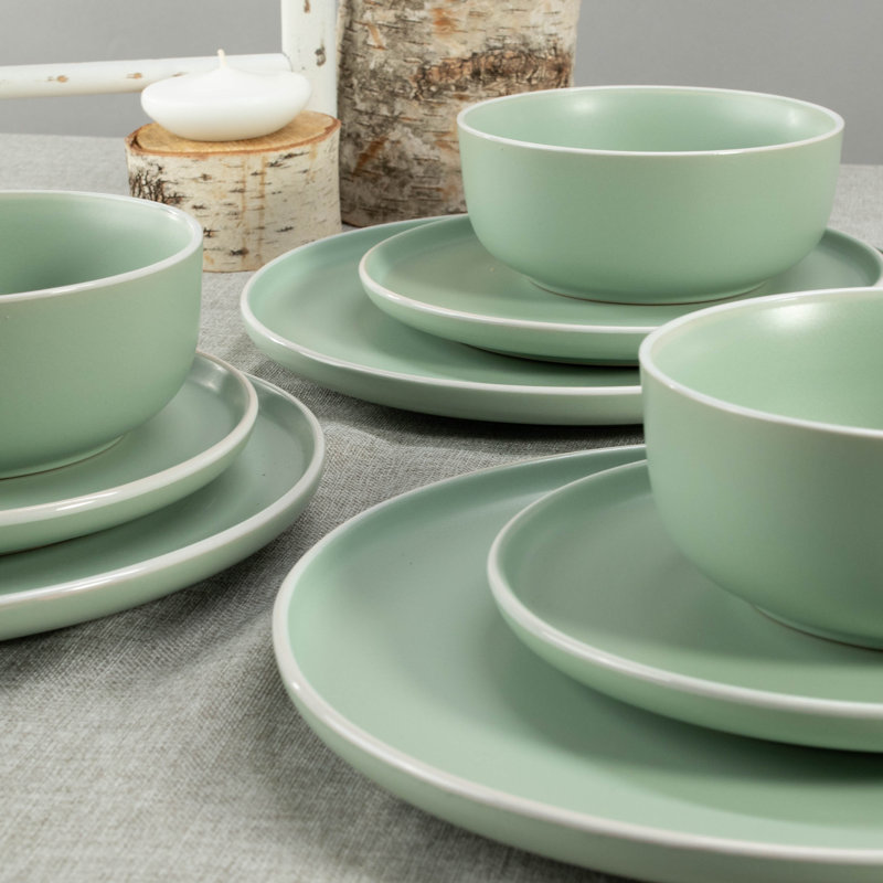Sage and White Ceramic 12-Piece Dinnerware Set, Service for 4