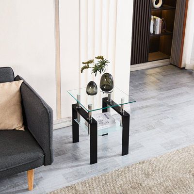 Table d'appoint en verre trempé à 2 couches avec rangement - pour le salon, la chambre à coucher, le bureau et les petits espaces