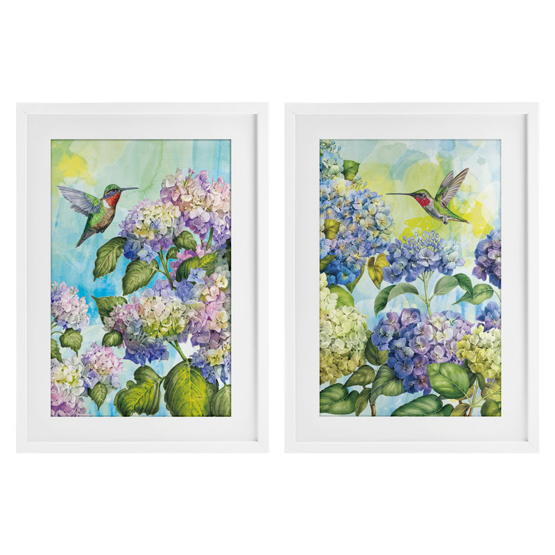 Hummingbirds and Hydrangeas, ensemble de 2 reproductions encadrées sous verre, par Tim Coffey, H 20 po x l 14 po