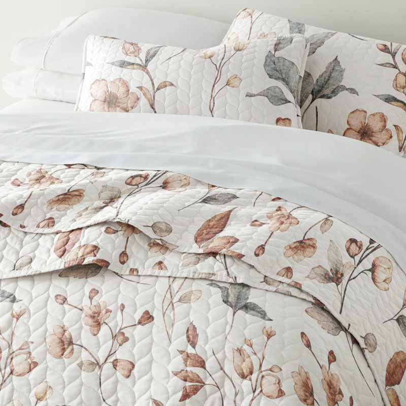 Twin Reversible Floral Microfiber Quilt Set in Beige and Gray