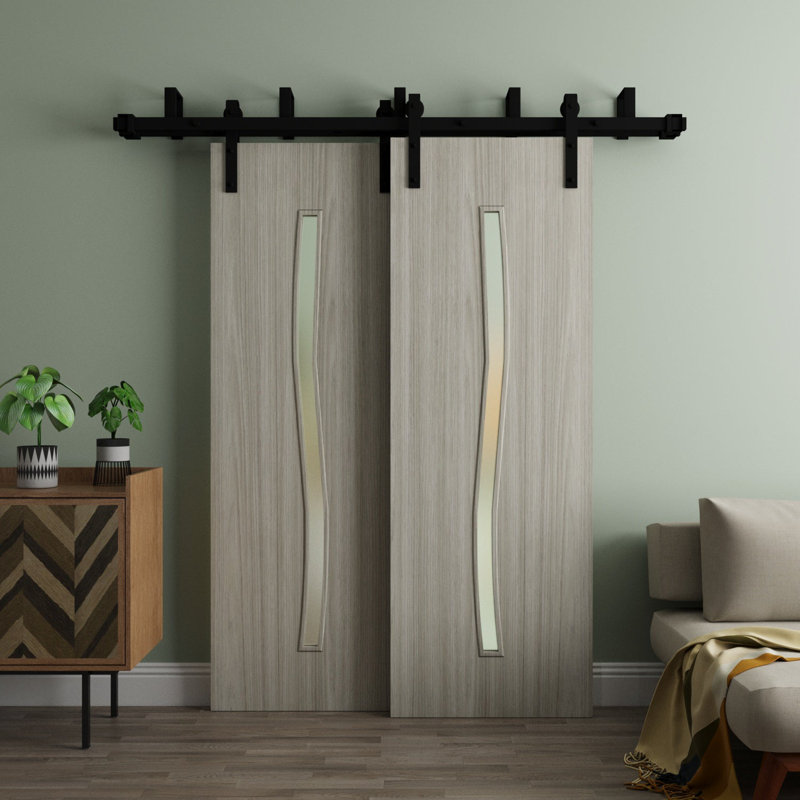 Portes de grange coulissantes pour garde-robe de grange - ESSENTIEL 8001 - Ensemble de quincaillerie de rails modernes de 6,6 pi - Portes de garde-robe de chambre en bois massif
