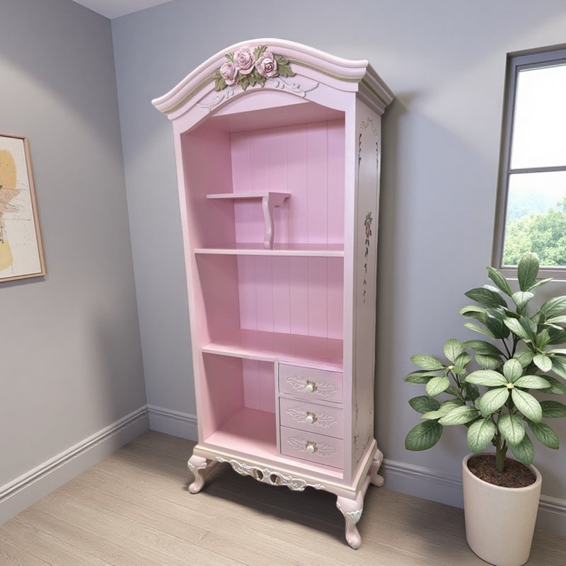 Vitrine en bois massif sculpté rétro français, Rose