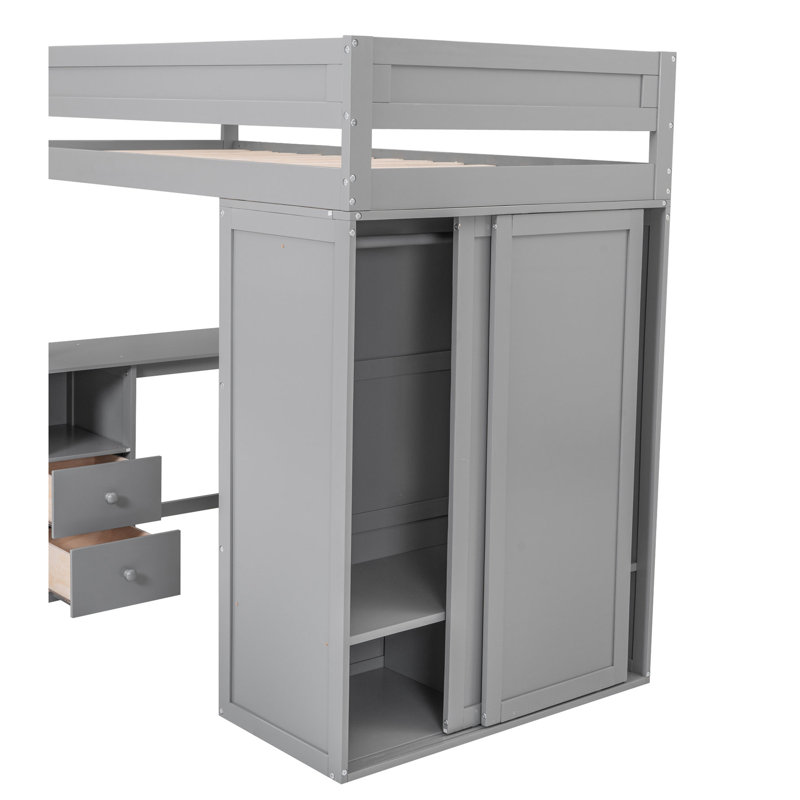 Lit mezzanine simple gris avec armoires encastrées, bureau et armoire de rangement, Gris, Lit simple
