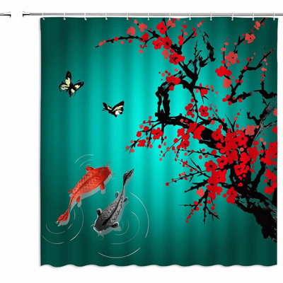 Cherry Blossom Koi Shower Curtain - Oriental Ink Painting Bathroom Decor Set with Hooks