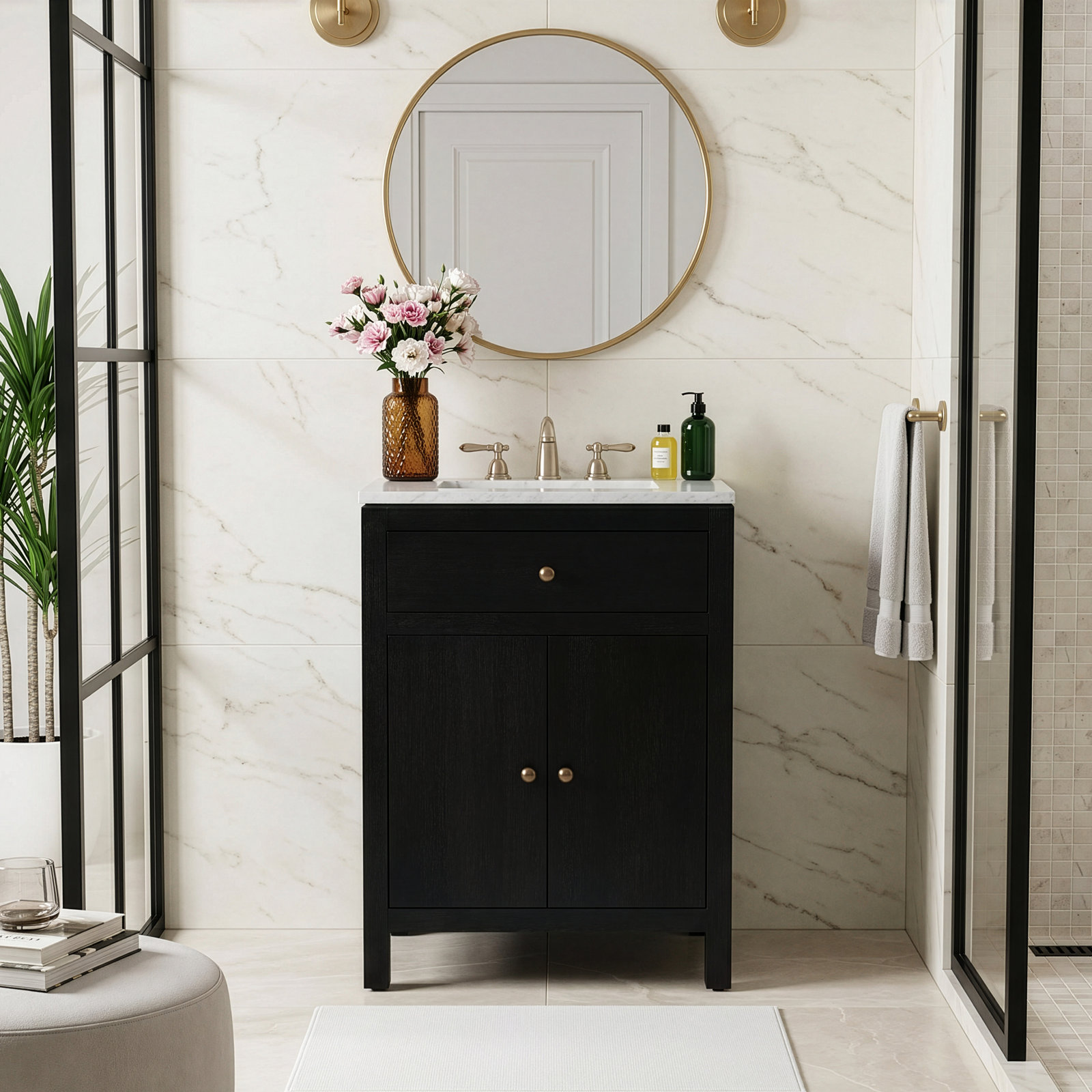 Celine 24" Carrara Marble Single Bathroom Vanity, Brown
