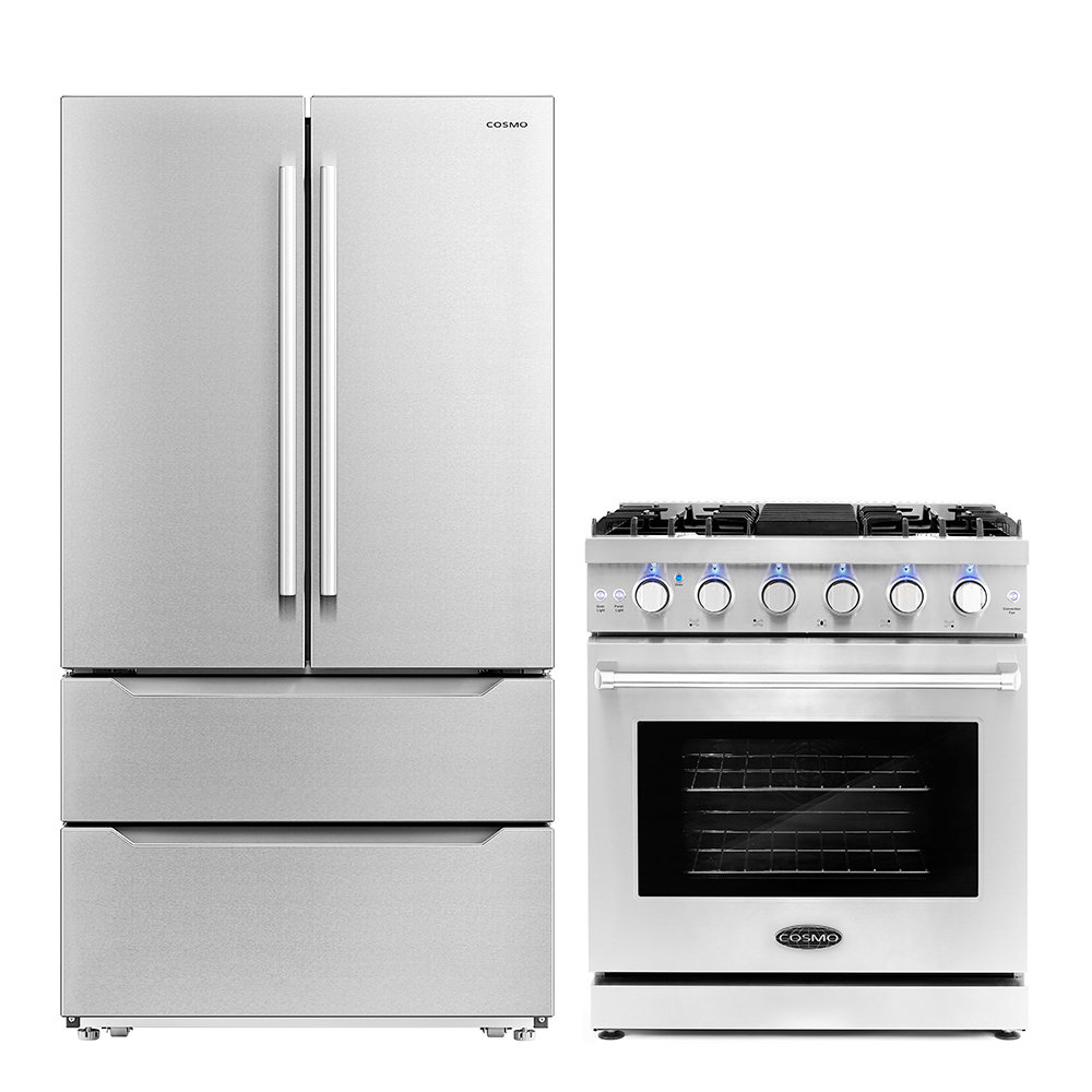 Cosmo 2 Piece Kitchen Appliance Package with French Door Refrigerator , 30'' Gas Freestanding Range Cosmo