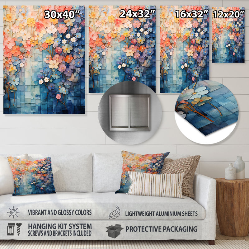 «Blue Japon Blooming Tree Landscape», art mural floral abstrait en métal, H 32 po x l 16 po x P 1 po