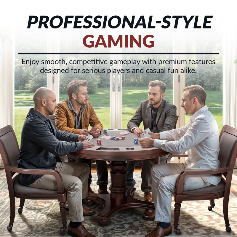 Ensemble de table de poker et de chaises rondes 2 en 1 Hathaway Bridgeport pour salle à manger et salle de jeux - Bois franc de qualité mobilier, pieds de piédestal robustes, porte-boissons, fentes pour jetons - Comprend 4 chaises de table de poker - noyer