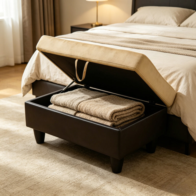 Darryn 35" Wide Upholstered Storage Ottoman, Beige Velvet