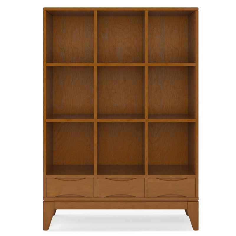 Harper 42"W Solid Hardwood 9 Cube Mid-Century Modern Bookcase with 3 Drawers, Teak Brown