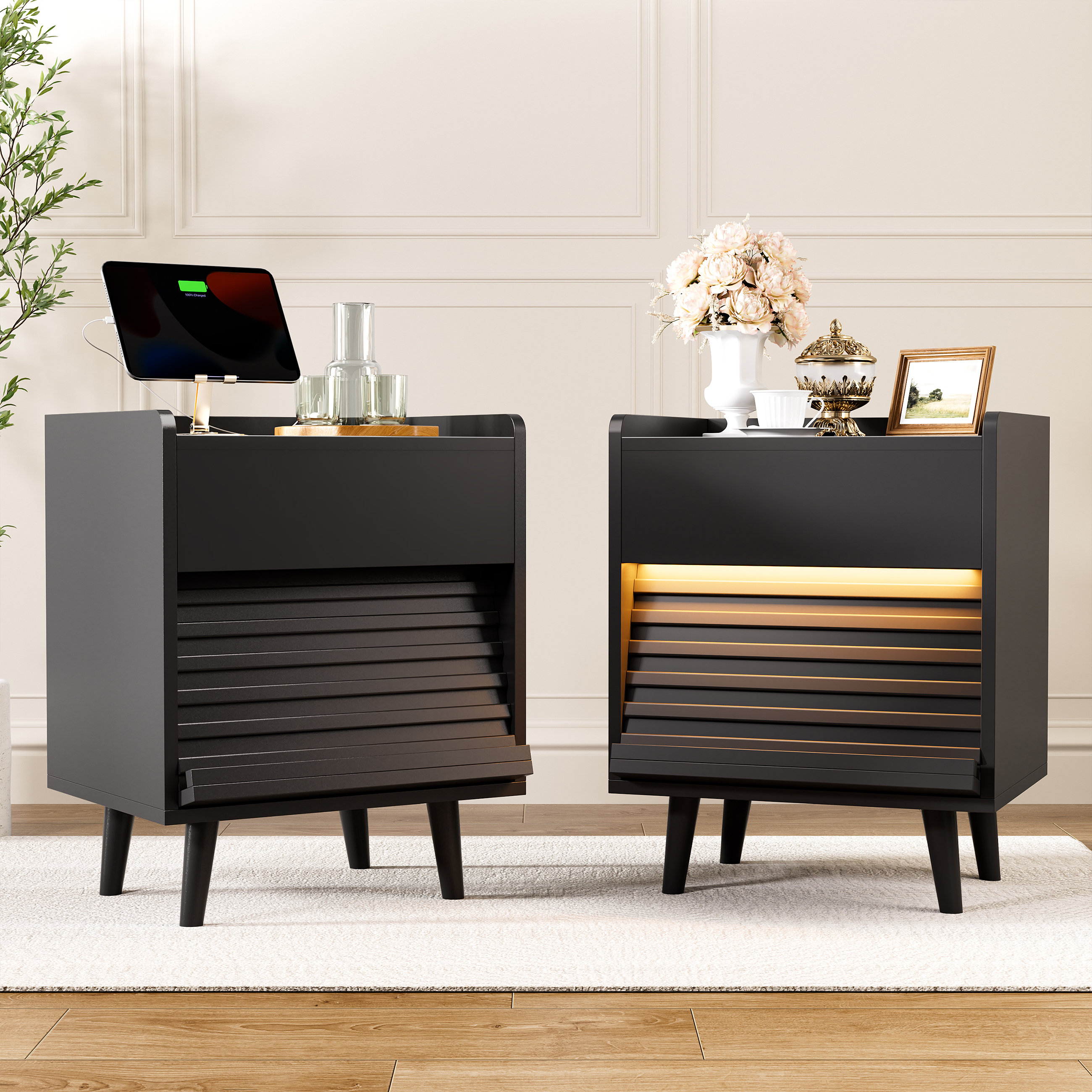 Modern 2-Drawer Nightstand With Outlets & LED Light