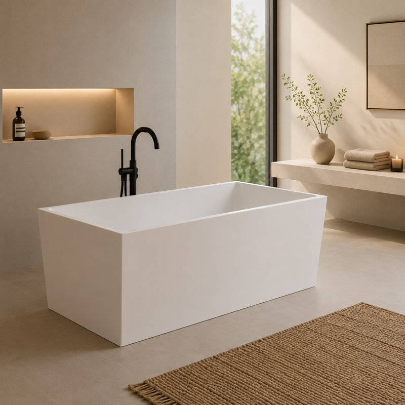 Baignoire de trempage autoportante de 59 po à surface solide, conception carrée moderne avec support lombaire ergonomique, baignoire en pierre blanche matte