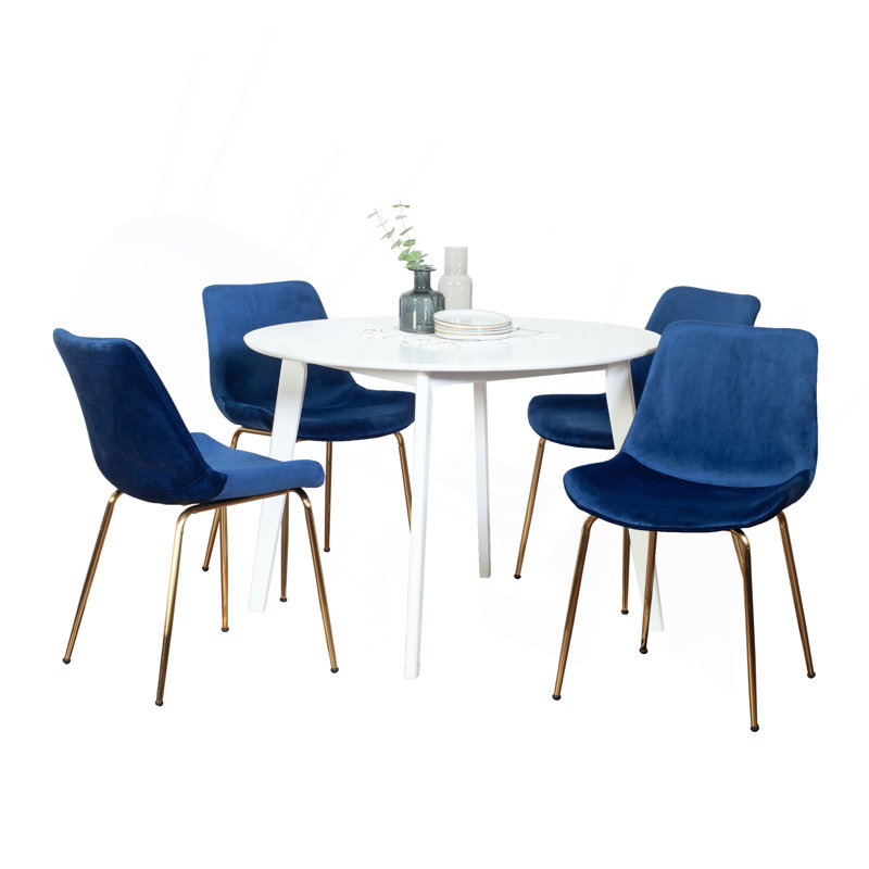 Ensemble de salle à manger contemporain 5 pièces, table de salle à manger ronde blanche avec 4 chaises, Bleu
