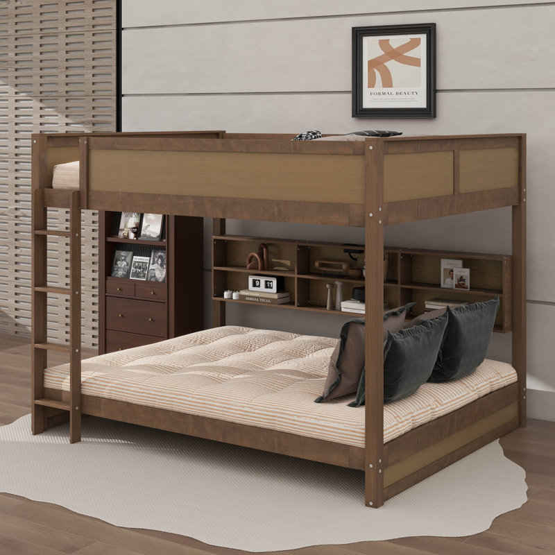 Lit superposé surdimensionné pour grand lit avec ports USB et compartiments de rangement, Bois antique