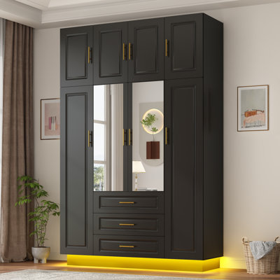 4 Door LED Armoire Wardrobe Closet With Mirror, 90.6'' Wardrobe Armoire With 3 Drawers, Hanging Rod & Cabinet For Bedroom