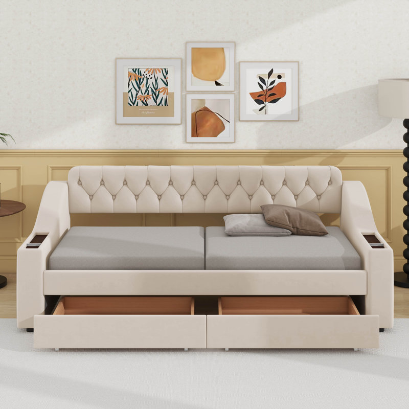 Twin Size Upholstered Daybed With Storage Armrests And USB Port, Beige