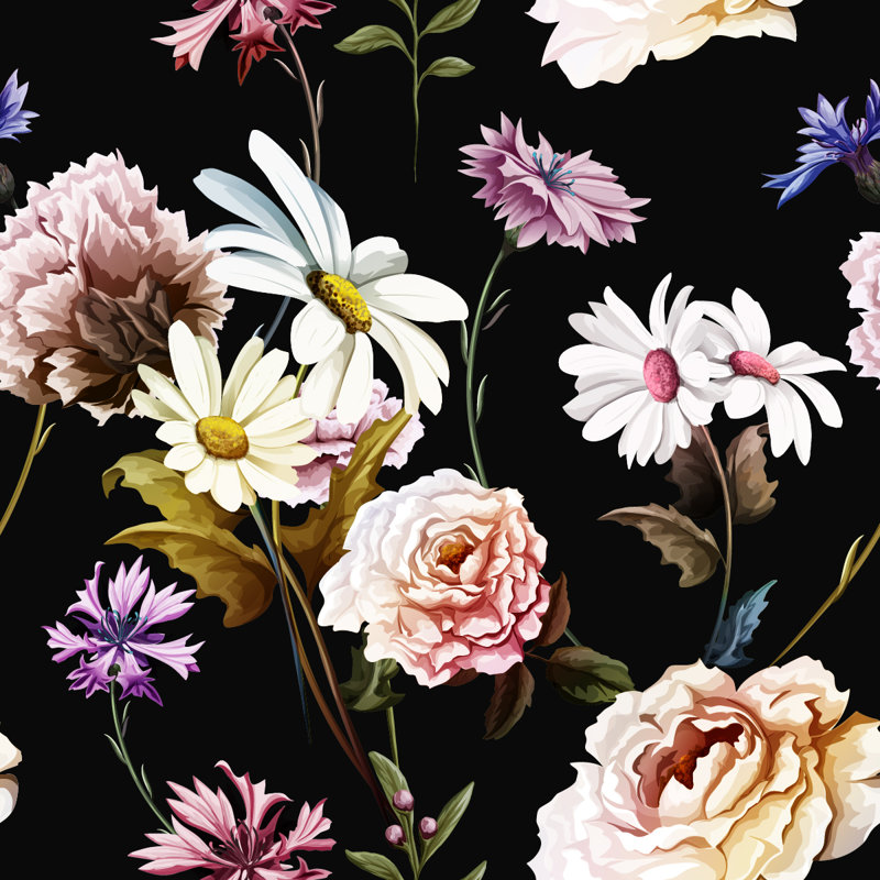 Flowers On Black Wallpaper Peel & Stick Floral Tile, 124.8" L x 100' W