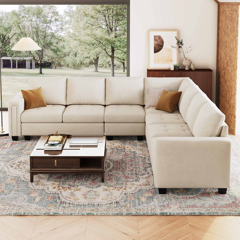 Shavera 6 - Piece Velvet Large L Shaped Corner Sectional Sofa Solid Wood Livingroom Couch, Beige Velvet