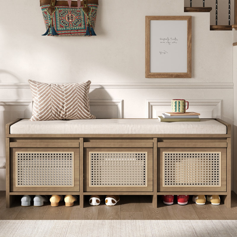 Banc de rangement avec plateau relevable, 3 tiroirs et coussin de siège, Naturel