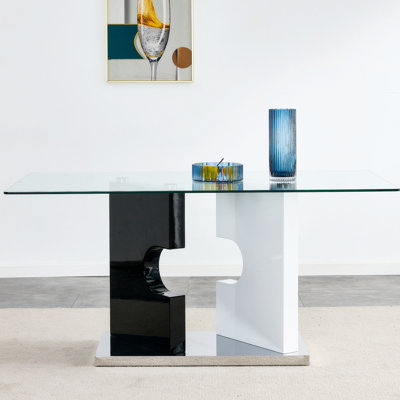 Large Modern Minimalist Rectangular Glass Dining Table For 6-8 With 0.31"" Tempered Glass Tabletop And MDF Slab Special-Shaped Bracket,For Kitchen Dini -  Wrought Studioâ¢, AF25008B1726454FB13FA7E4A3C29CCF