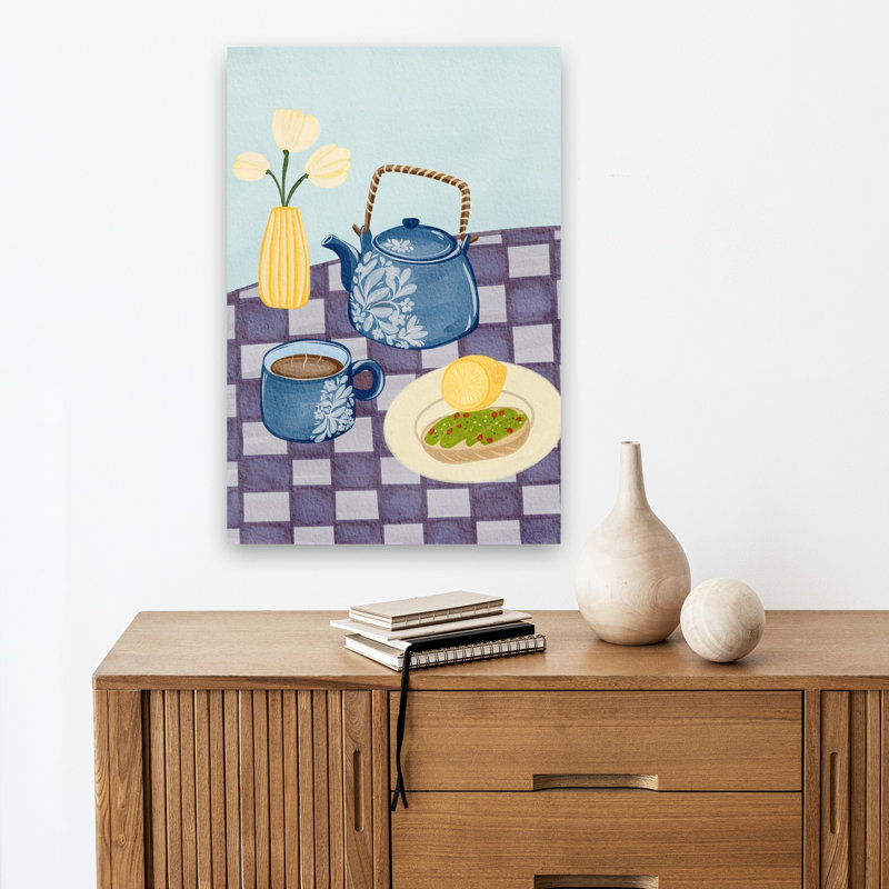 Art mural fleuri bleu, théière bleue