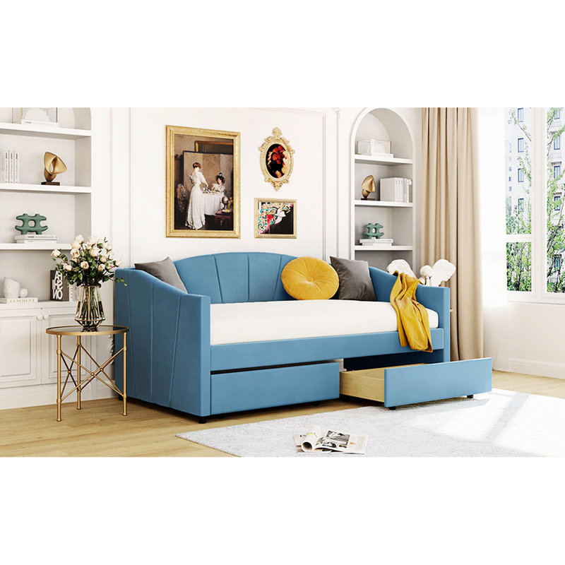 Lit de jour bleu rembourré avec deux tiroirs et lattes de bois substantielles - taille simple tactile, Bleu