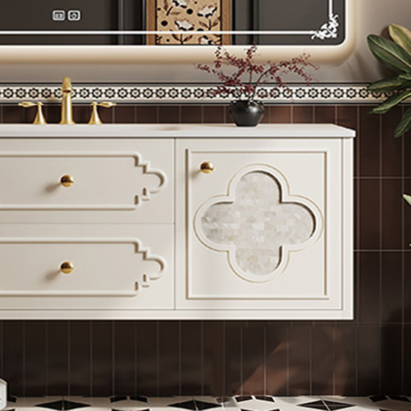 Armoire de salle de bain rétro de style américain, H 19,69 po x l 59,06 po x P 21,65 po, Blanc cassé