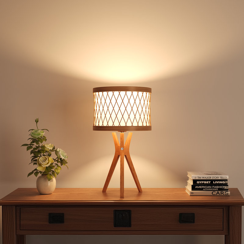 17.7" Natural Solid Wood Tripod Table Lamp