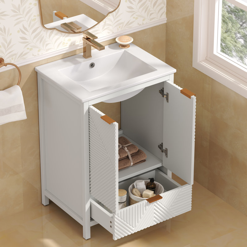 Ensemble de meuble-lavabo moderne 24 po avec lavabo, armoire blanche avec panneaux de porte texturés, charnières à fermeture en douceur et pieds en pin - Conception compacte avec grand espace de rangement