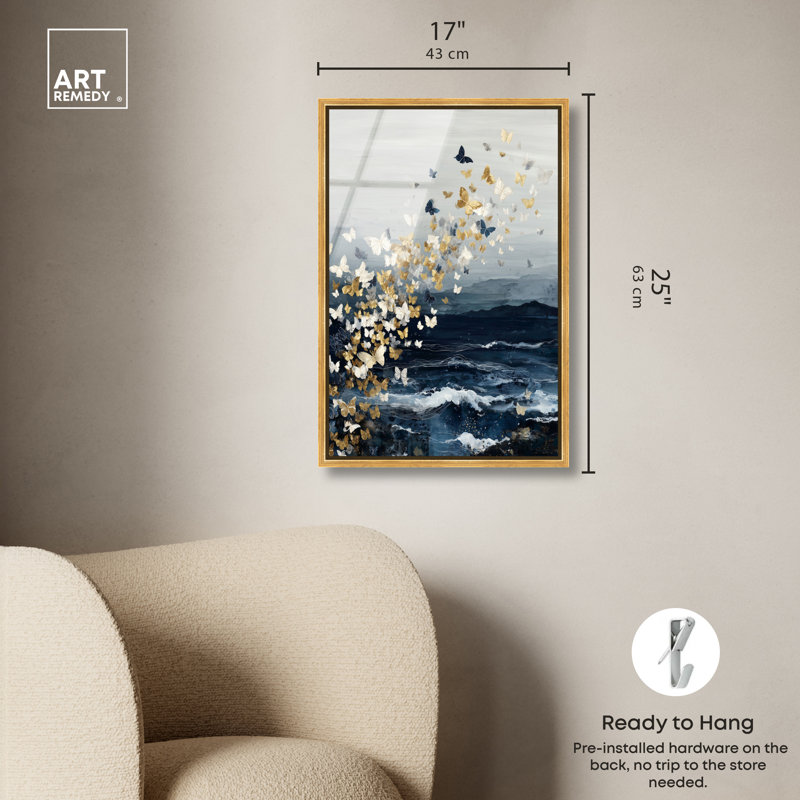 «Gold Butterfly Flight II», reproduction d'art acrylique encadrée par Art Remedy, cadre doré, 16 x 24, H 25 po x l 17 po