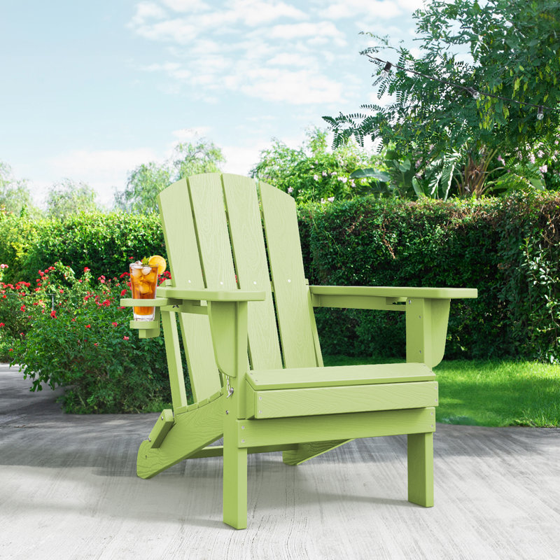Wolak High Density Polyethylene Folding Adirondack Chair With Double Cup Holder, Apple Green