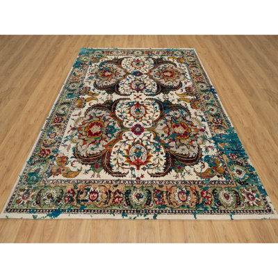 8'1"x10'1" White Broken Zoroastrian Design Hand Knotted Wool and Silk Rug 7E1F8BDB37C34DB89601EB7FF693FEB4