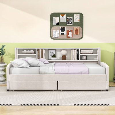 Twin Upholstered Daybed with Shelves and Drawers by Lark Manor
