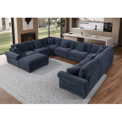 Errett Modern Fabric Reversible 9 Seater Corner Sectional With Movable Ottoman